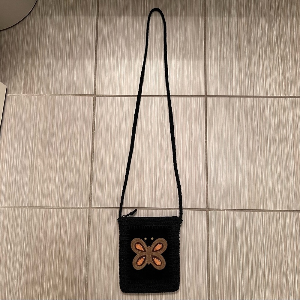 Vintage 90s Y2K Butterfly Crochet Crossbody Bag purse black brown orange leather - Picture 2 of 9
